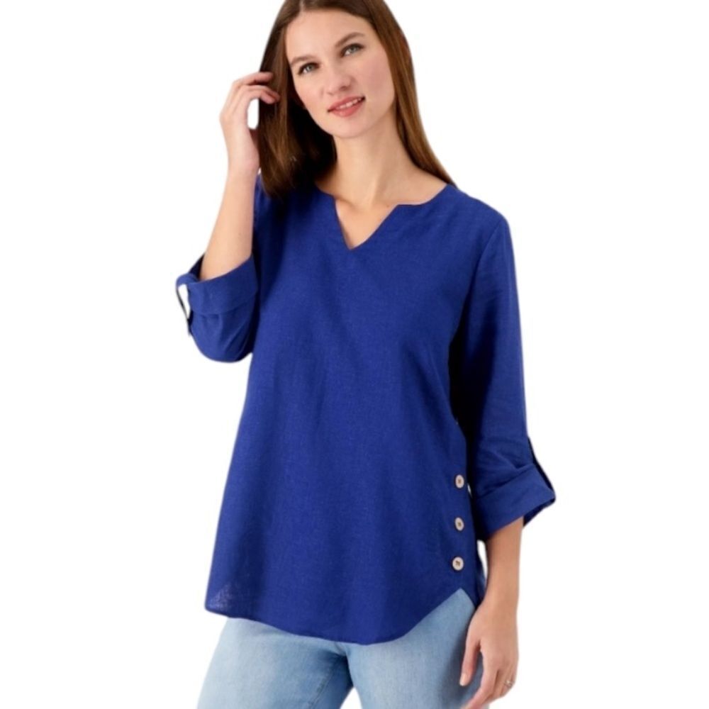 New Susan Graver Pure Linen Blend Tunic Top River Blue Sz XS